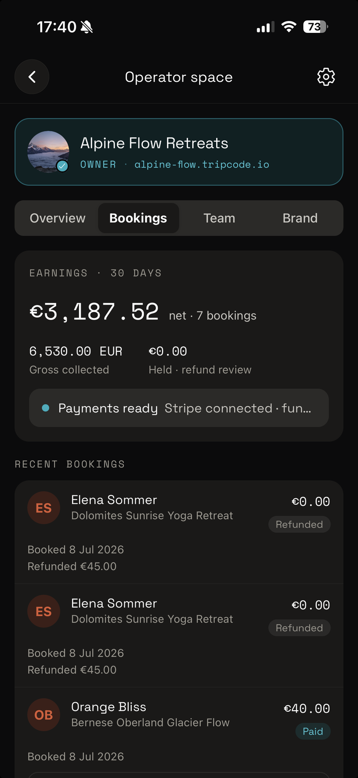 The bookings screen — 30-day earnings, gross collected, and refunds.